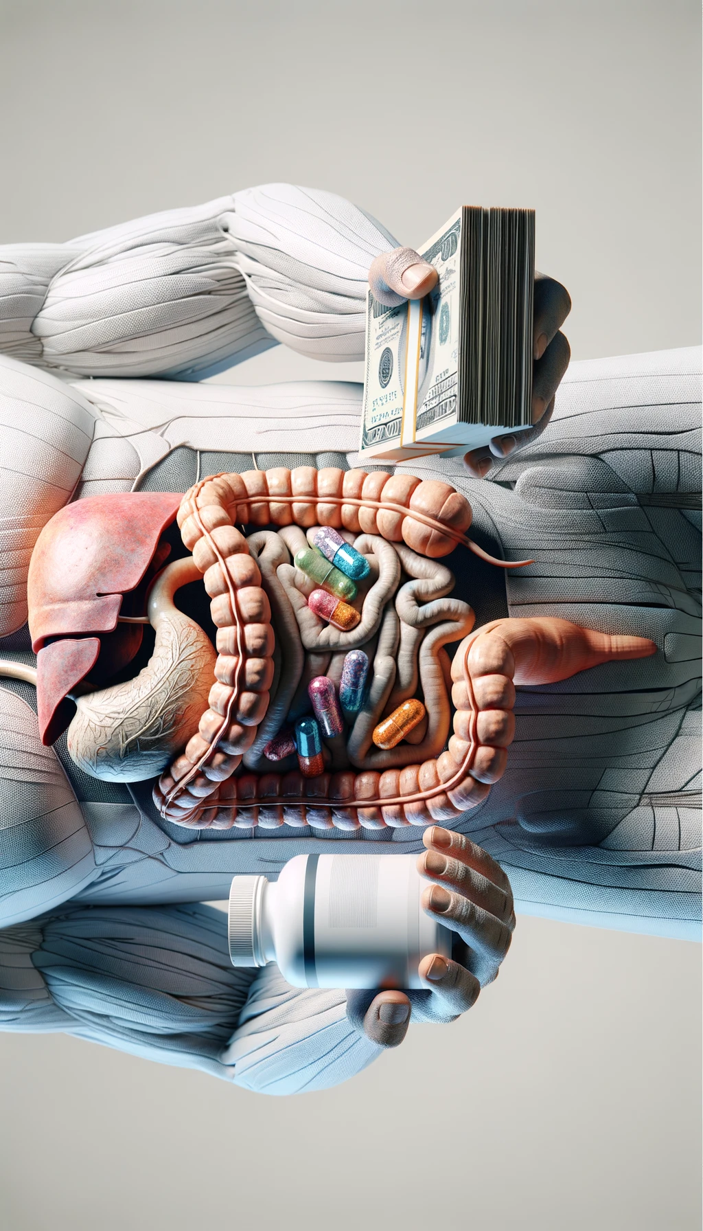 corpo umano anatomico con intestino umano anatomico realistico in evidenza che tiene nella mano destra una boccetta di integratore e nella mano sinistra delle banconote, sfondo neutro chiaro, iperrealistico 4k emoji