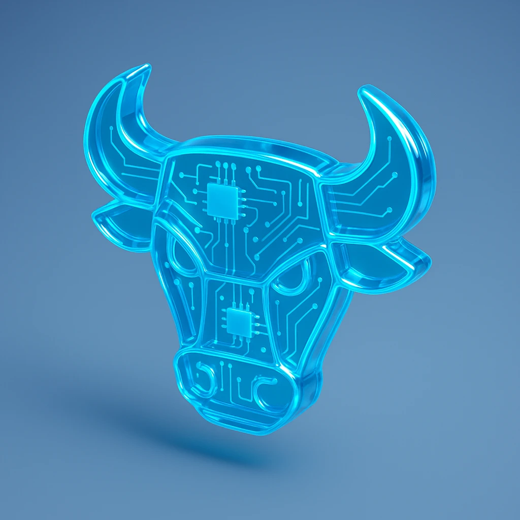 futuristic bull head logo, neon blue, digital circuit pattern, glossy circuit style emoji