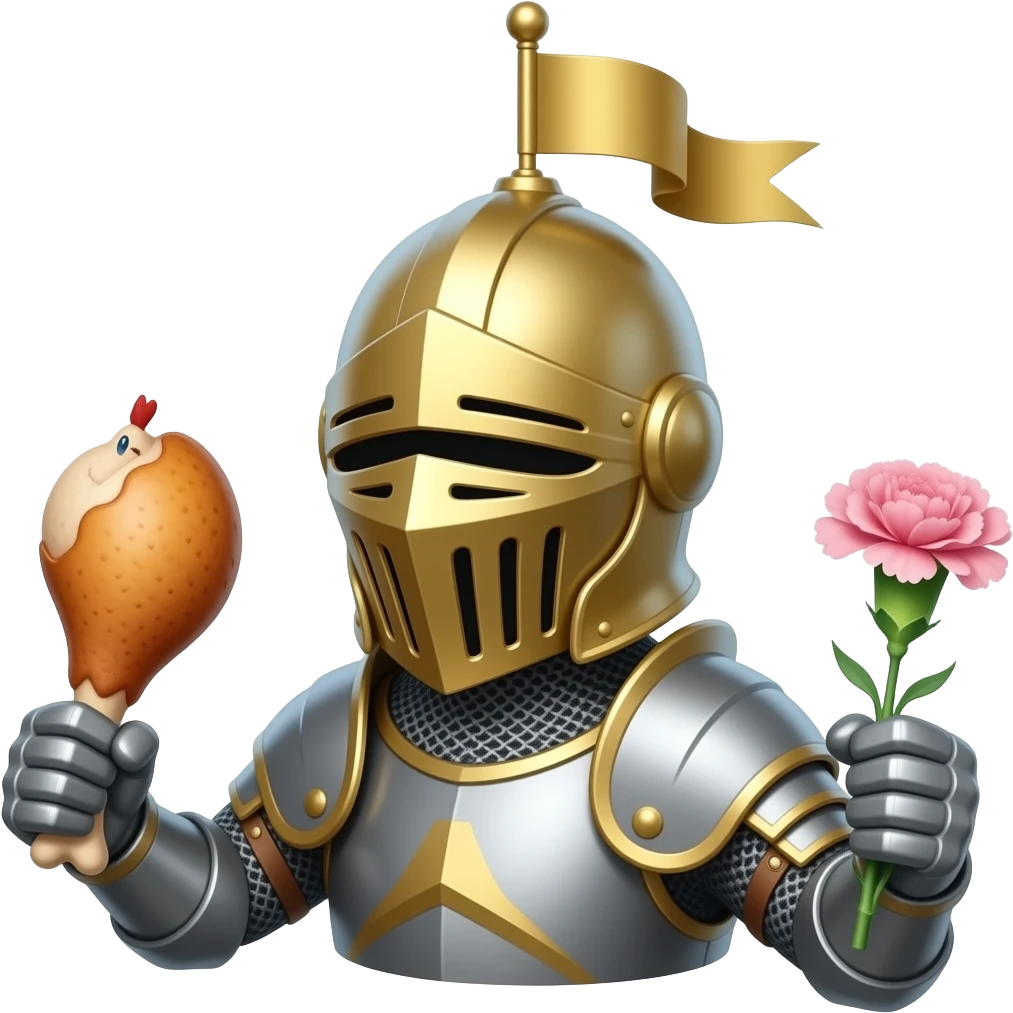 a gold medieval knight with a gold flag helm holding a chicken leg and a pink carnation emoji