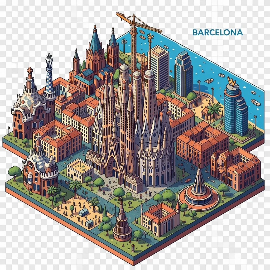 Isometric illustration of Barcelona, featuring Sagrada Familia with intricate spires, highly detailed in semi-realistic style with sharp outlines, balanced between stylized and realistic, 3D miniature effect, transparent background. emoji