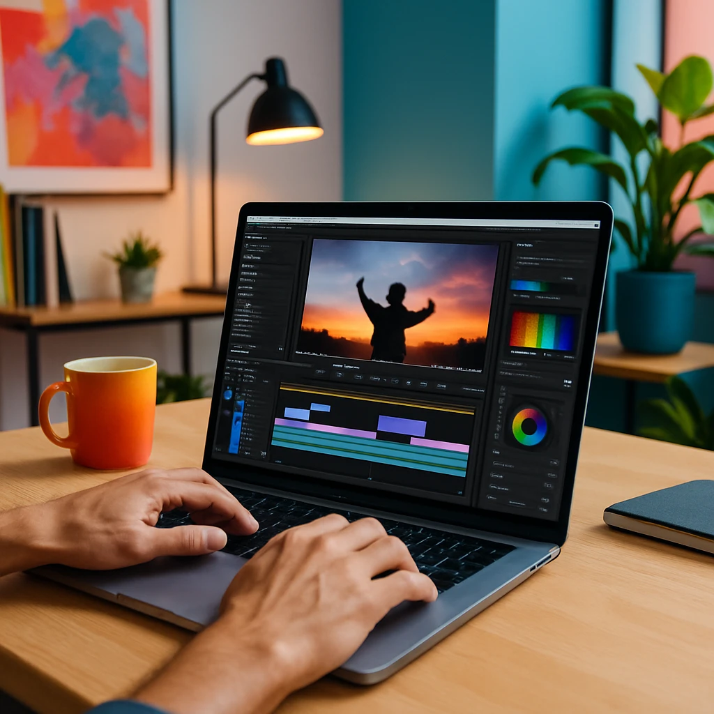 video editor working on a MacBook in a modern workspace with a creative atmosphere, clear focus on editing software on the laptop screen, vibrant colors, clean composition emoji