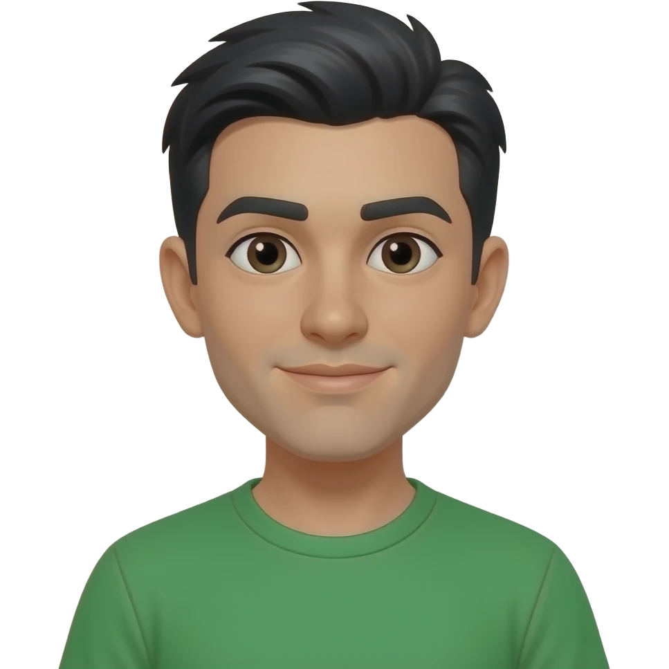 A character with short black hair, wearing a green t-shirt, bare ears, no jewelry, no earrings. emoji