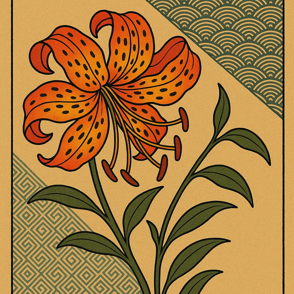 Make the old fashioned tiger lily more colorful, keep ukiyo-e Japanese print style. emoji