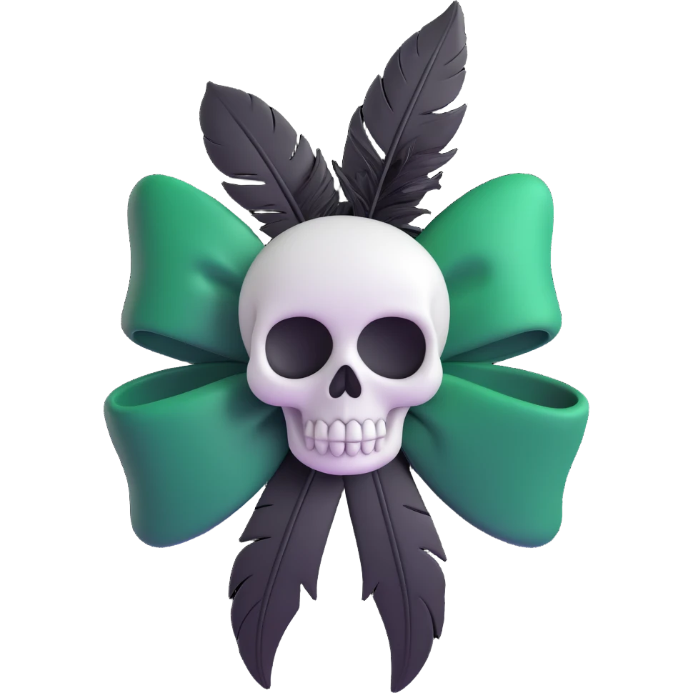 3D emoji gothic bow, dark forest green velvet, silver skull charm, and black feather accents emoji