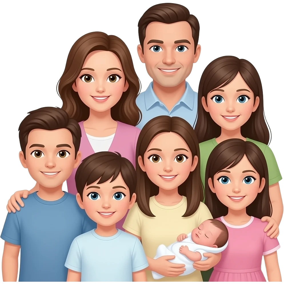 family of 8 white people and all with brown hair with 2 parents mom and dad with 6 kids 12 year old girl 10 year old boy 9 year old boy 8 year old girl 2 year old girl and newborn girl emoji