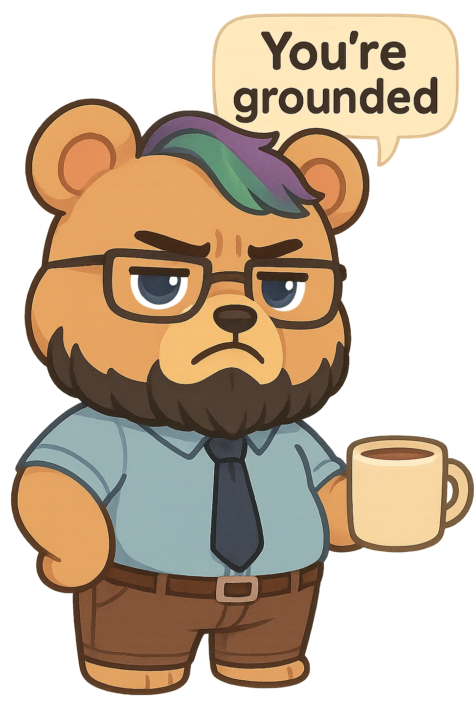 A realism art illustration art style of a plus-sizes teddy bear  with purple to green ombre streak, black beard, blue eyes, glasses, dressed like a dad, holding a coffee mug, You’re grounded speech bubble, frowning  emoji