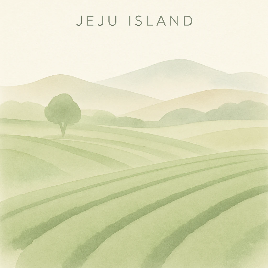 Jeju Island lush green tea fields, gentle hills, soft watercolor style emoji