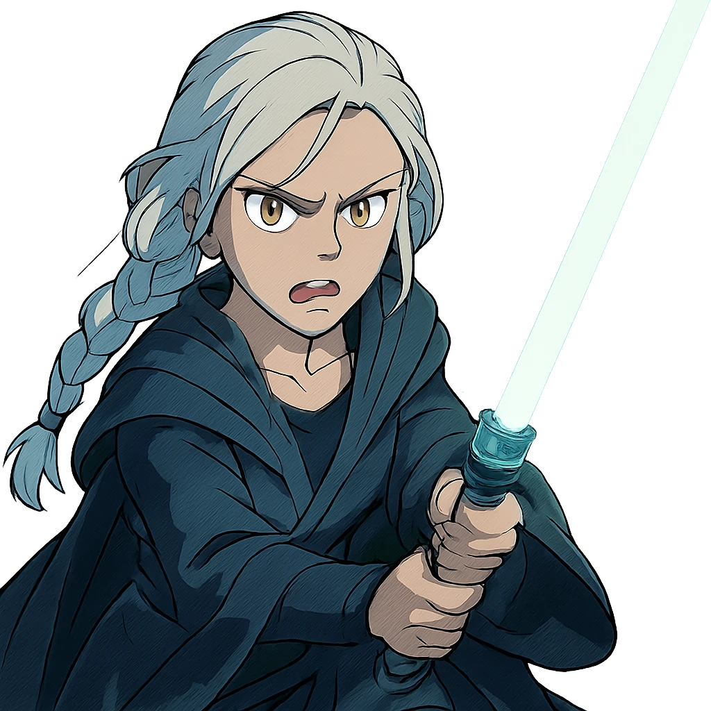 a closeup portrait of young woman with gold yellow eyes, white hair, long braid, black off-shoulder top, punk gothic style, futuristic cyberwave cyberpunk,  jedi attire and posture robes of a padawan, foreweilding a bright blue-green lightsaber, angry fierce face expression, power stance, wide angle shot emoji