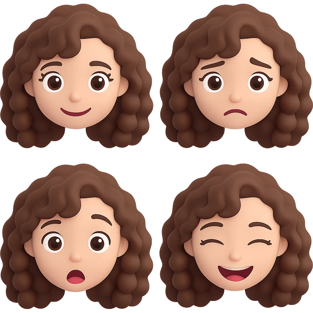Create a set of emoji faces from the provided 3D cartoon female character with expressions: happy, sad, surprised, and laughing. The style should be Bitmoji-like, suitable for emoji use, with a transparent background. Maintain the character's 3D cartoon look and personality in the emoji faces. emoji