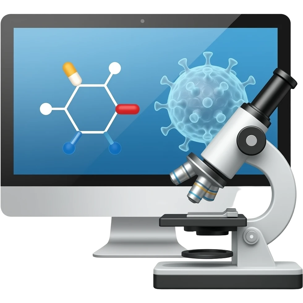 Modern icon of a digital microscope looking at a computer screen that displays a interaction simulation between a drug molecule and a virus cell, predictive modeling concept, advanced biotech style, flat vector, teal tones. emoji