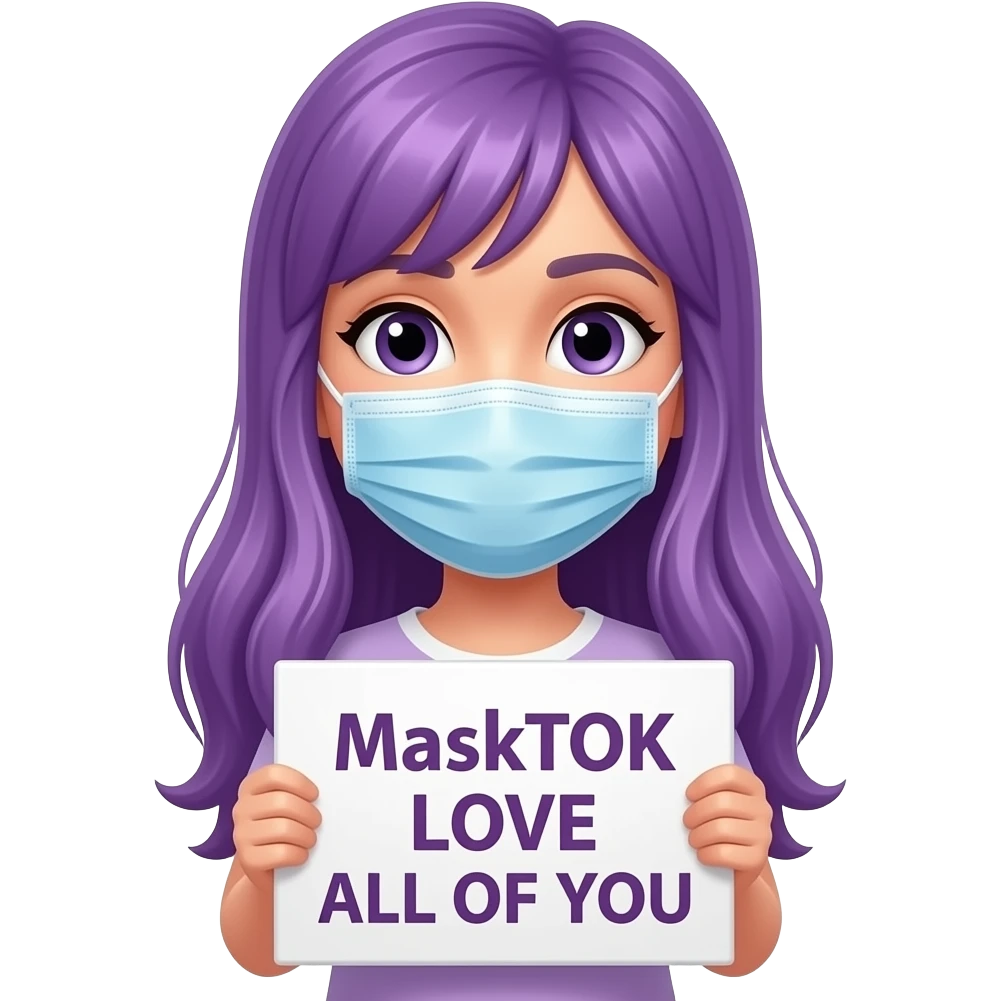 girl with long purple hair holding a MaskTOK LOVE ALL OF YOUsign emoji
