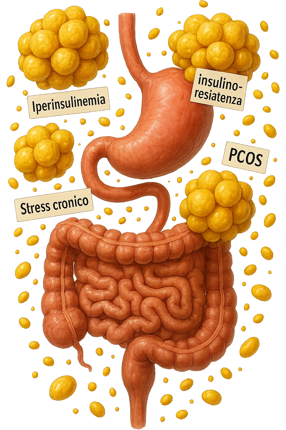 STOMACO E INTESTINO SONO VERTICALMENTE COLLEGATI E INTORNO A QUESTI ORGANI CI SONO CELLULE DI GRASSO GIALLE ATTACCATE SOPRA A GRAPPOLI, intorno fluttuano cellule di grasso giallo e alcune targhette con queste parole "Iperinsulinemia", "insulino-resistenza", "PCOS", "Stress cronico", "asse HPA", IPERREALISTICO 4K emoji