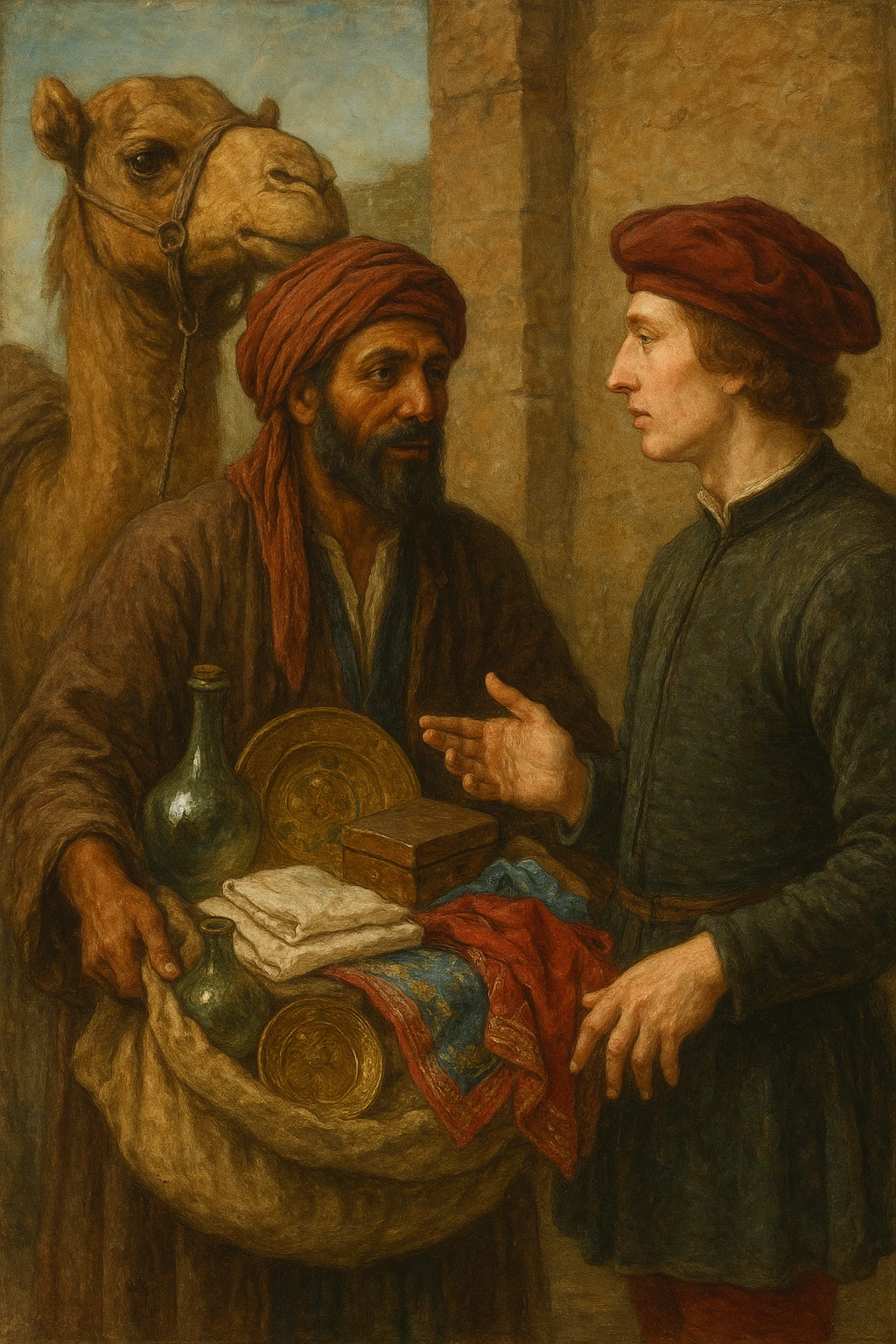 Сгенерируй в стиле реалистичной живописи как в средневековья человек с верблюдом предлагает европейцу товары emoji