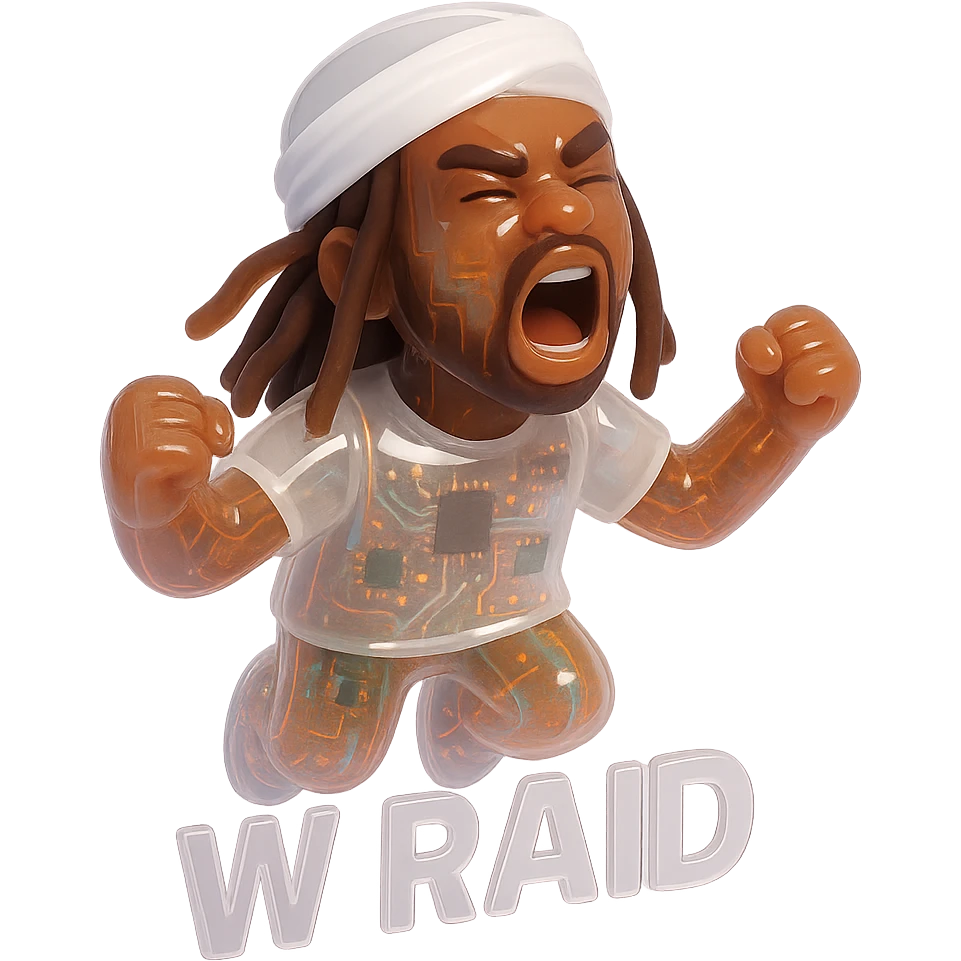 Brownskin man with long brown dreadlocks 
White  t-shirt 
WHITE turban 
expression is yelling 
Add the word W RAID emoji