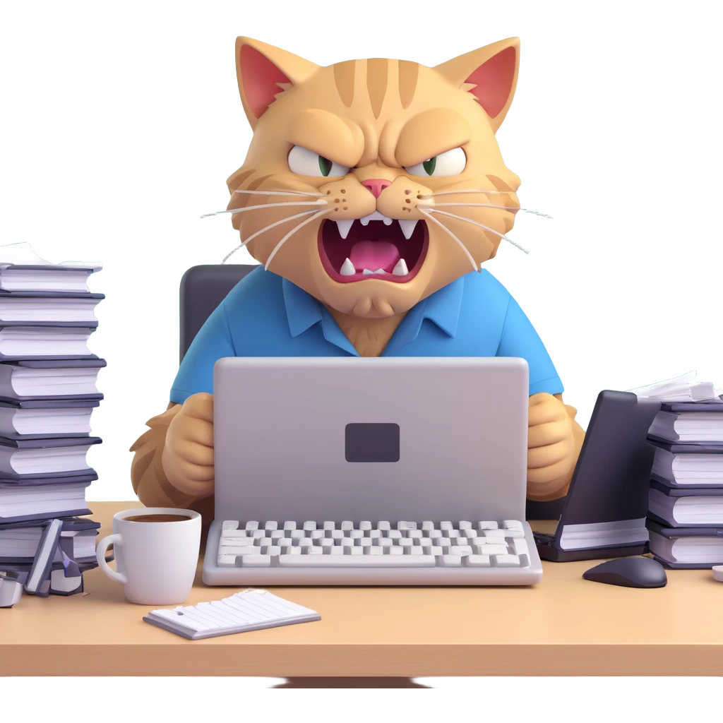 enraged overworked cat in wrinkled shirt eyes wide with irritation typing aggressively on keyboard stacks of files empty coffee cups showing visible stress annoyance emoji