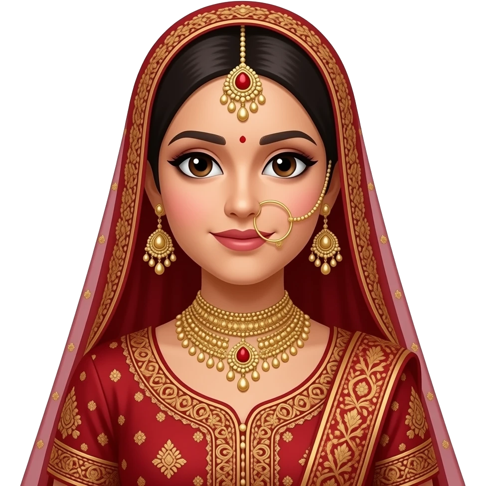 A hijabi south Asian bride in traditional red and gold attire with a red hijab emoji