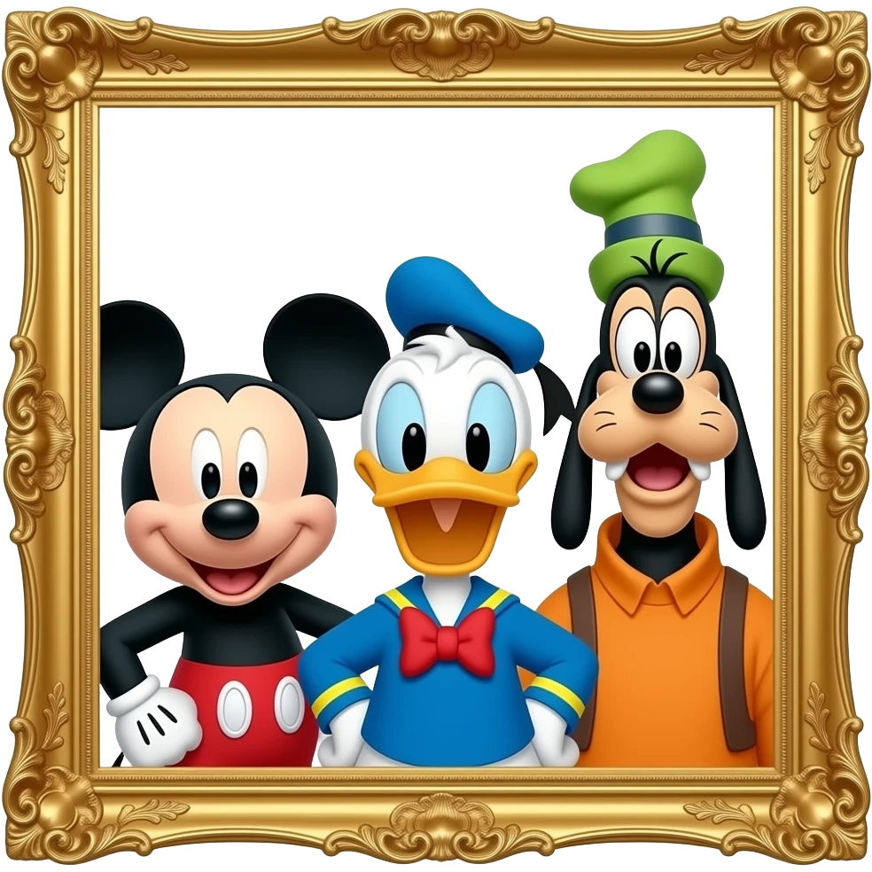 A picture frame with micky mouse Donald Duck and goofy emoji