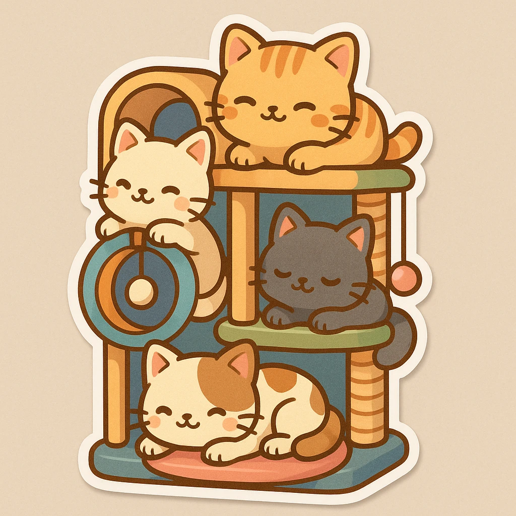 cats relaxing in a vertical playhouse emoji