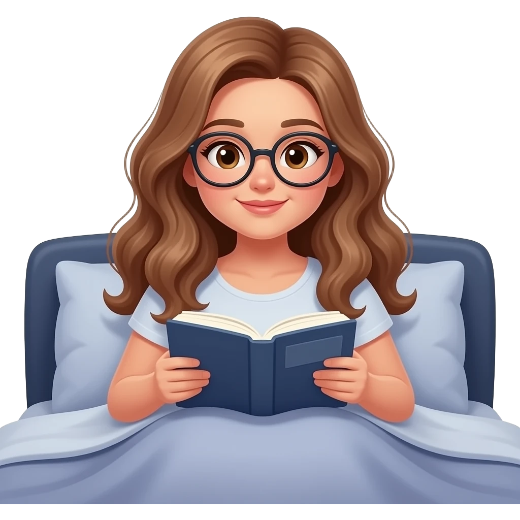 detailed emoji illustration of a curvy woman with long light brown wavy hair, light brown eyes and round glasses sitting in bed under a blanket and reading a book, cozy night reading atmosphere, cute emoji style emoji