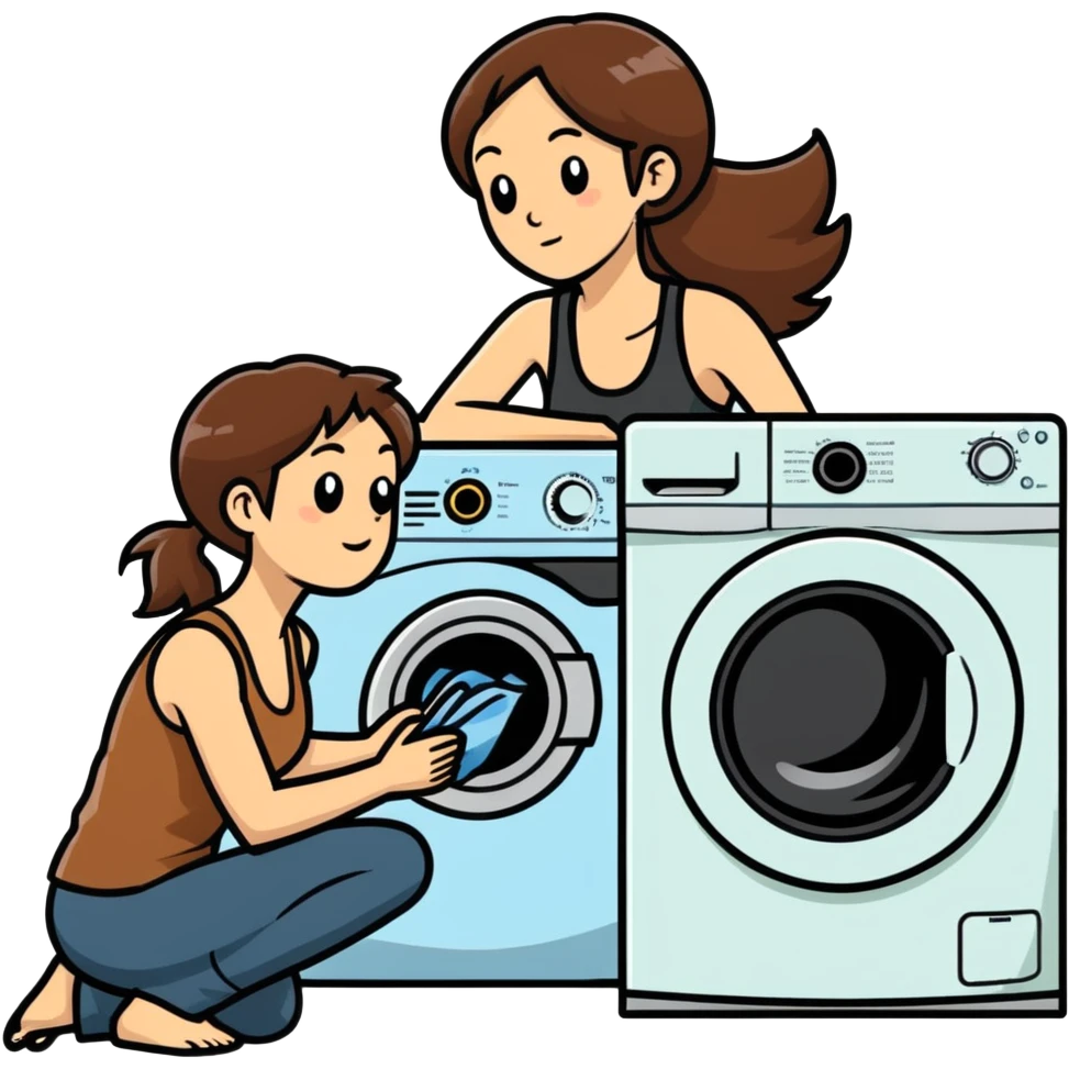 Caucasian woman with brown hair and huge boobs wearing a tank top kneeling next to washer and dryer emoji