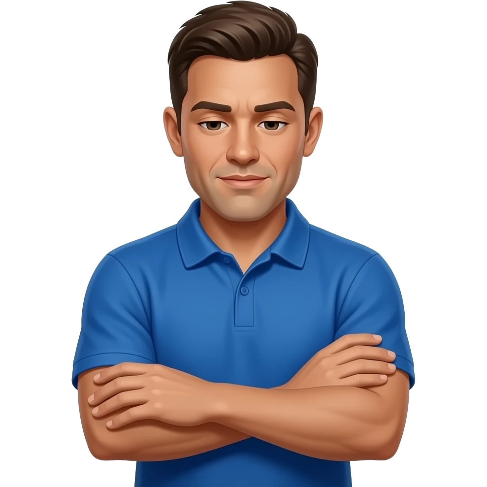 football coach in a blue shirt looking down at his forearm emoji