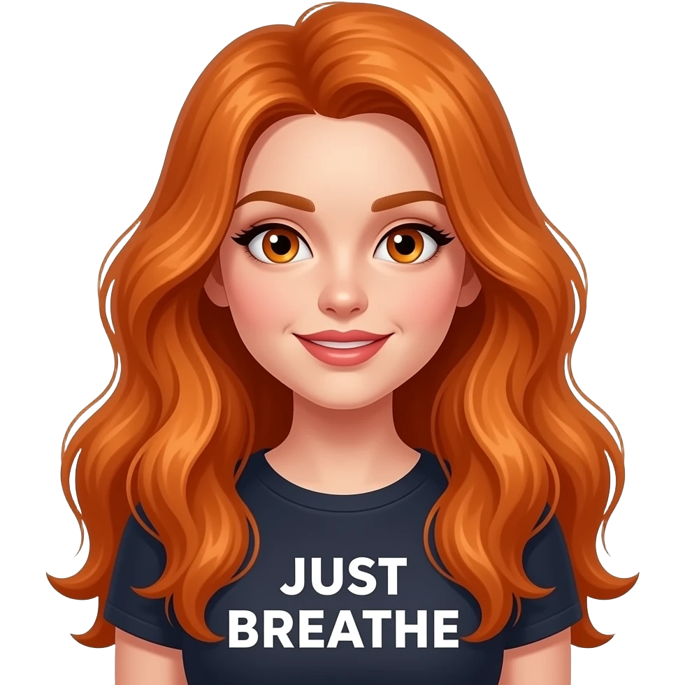 sexy girl with overlong ginger hair and ginger eyes a top with ... JUST BREATHE written on it emoji