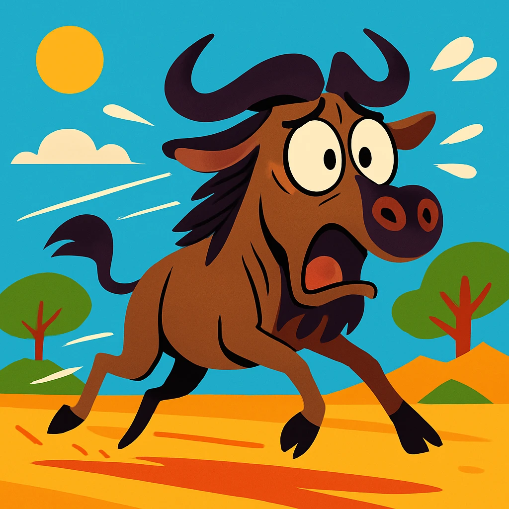 cartoon gnu running in fear, exaggerated motion lines, vibrant cartoon style emoji