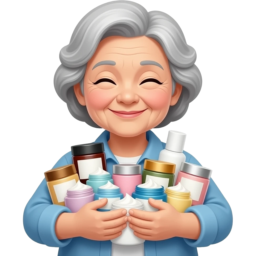 grandma hugging many cosmetic cream jars emoji