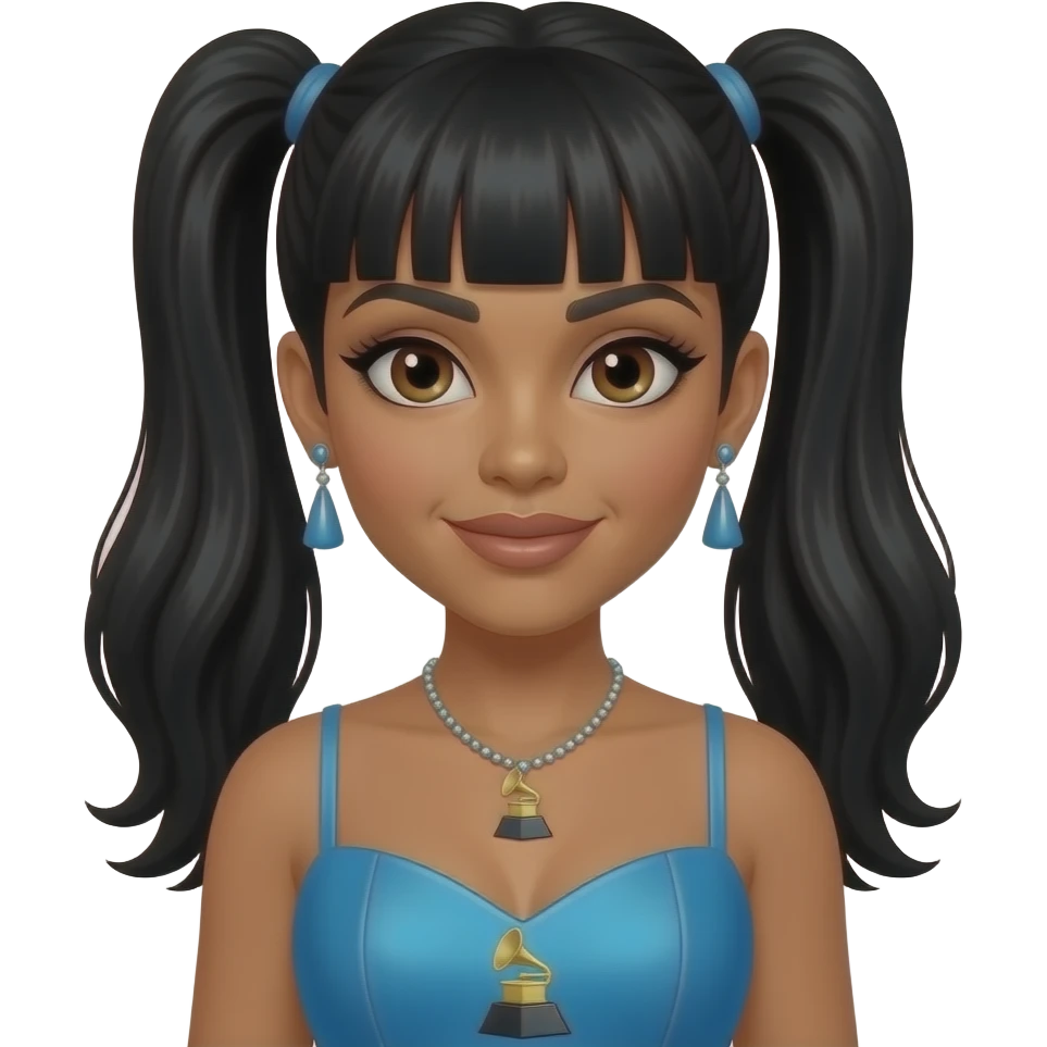 Lisa Left Eye Lopes from TLC with light brown skin, dark brown eyes, black two high ponytail hair with bang, azure grammy dress, necklace and earrings emoji
