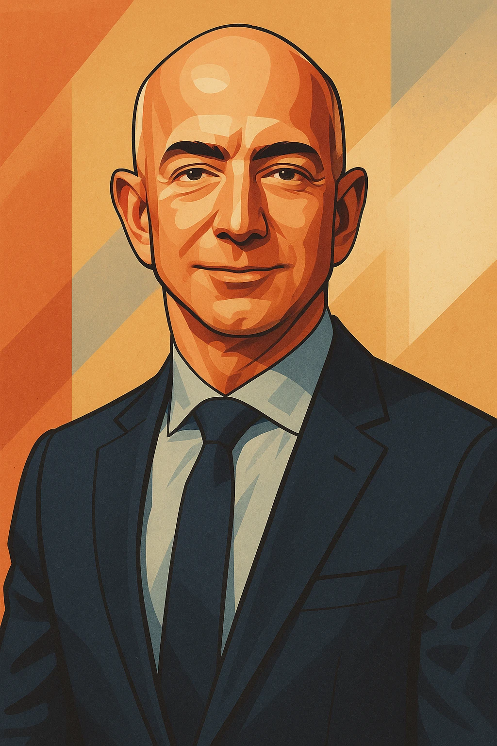 stylized portrait of Jeff Bezos, business attire, bald, confident expression, modern illustration style emoji