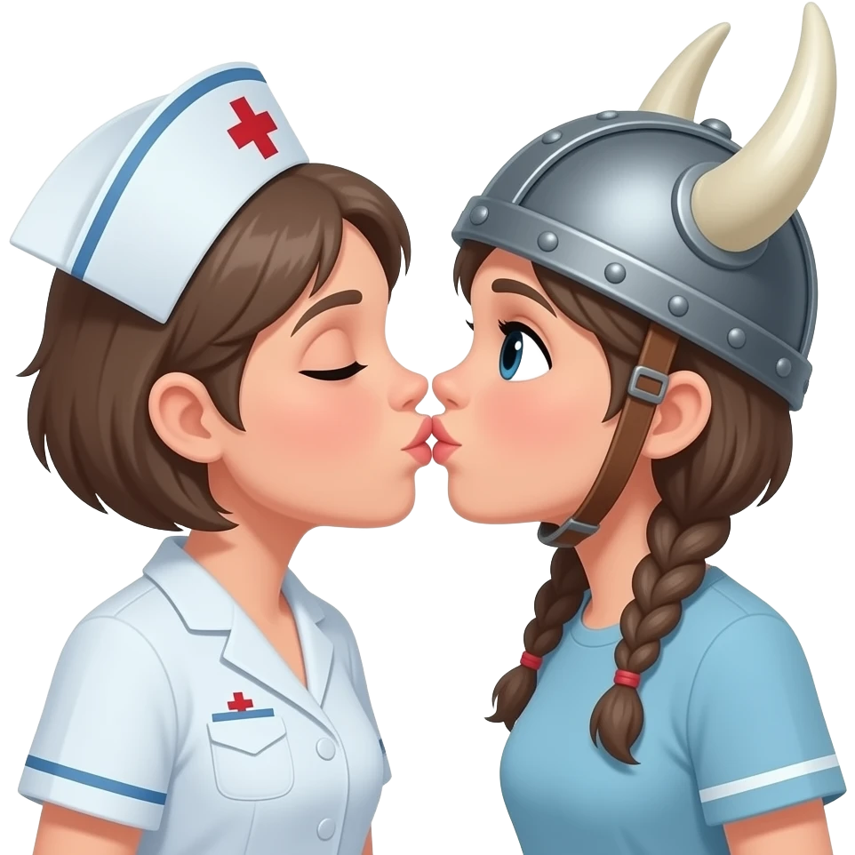 Viking helmet  gray braids old woman kissing shortest hair brunette old nurse emoji