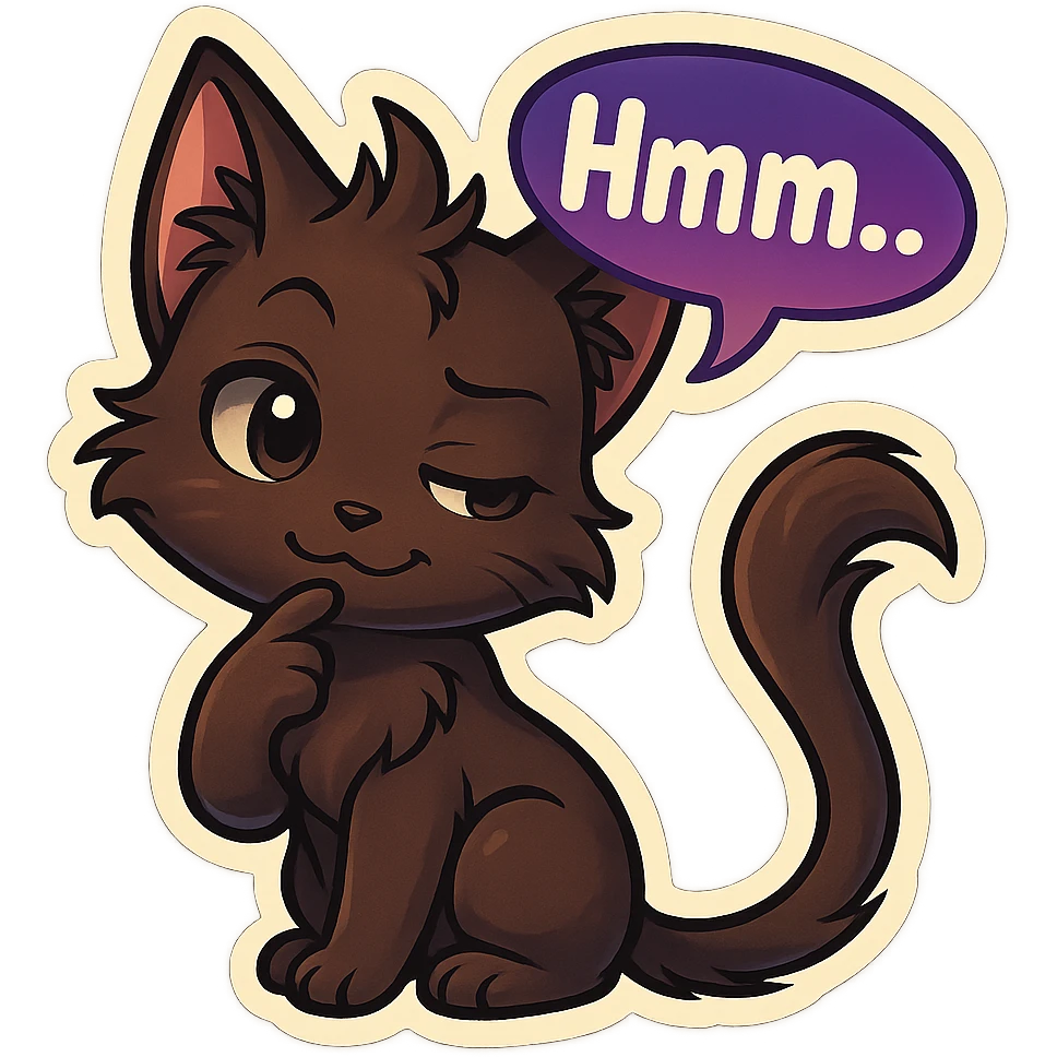 a dark-brown fluffy cute kawaii anime cat with tufted ears and a long thin tufted tail, thinking, smirking thoughtfully, saying “Hmm..” with a purple speech bubble, (cartoon style) (cute anime style) (furry style) (deviantArt style) (artist style: Kamirah) emoji