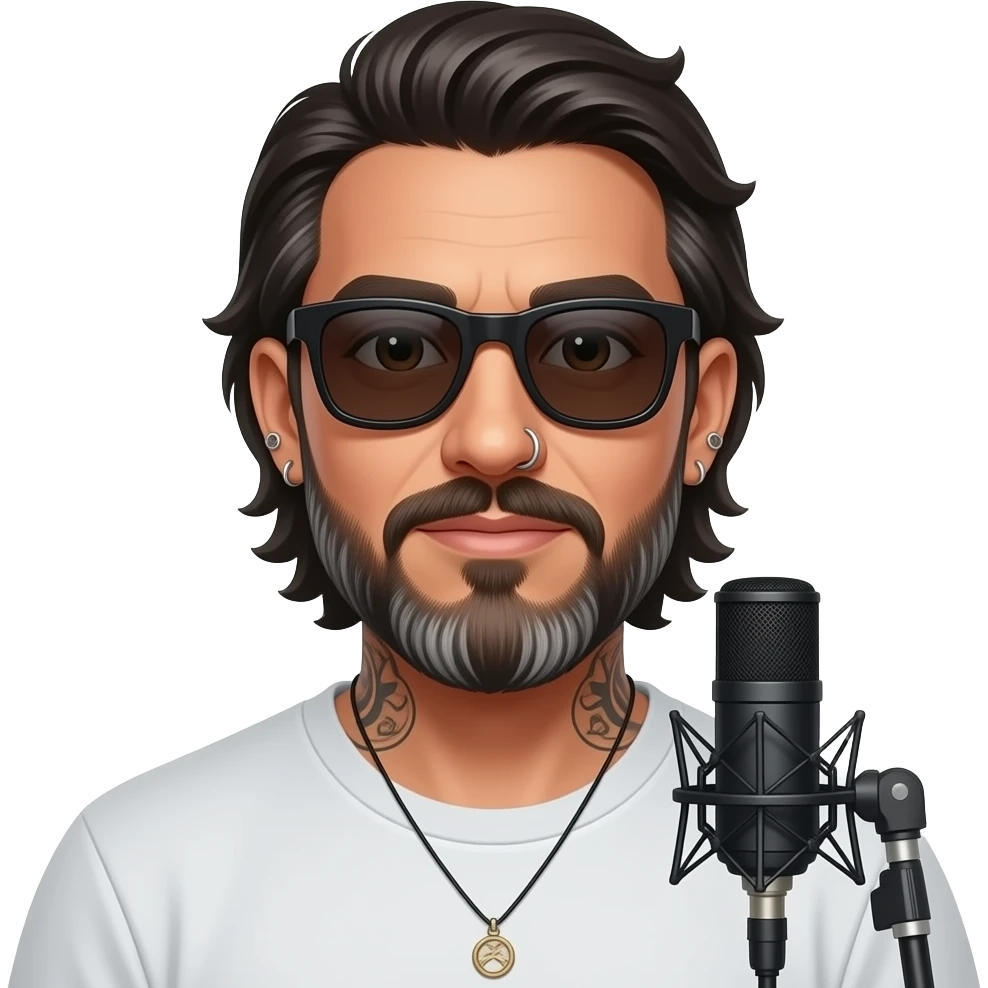 The handsome manly Latino podcast host with medium length hair, a long  slightly graying beard and tattoos with his ears pierced and a nose ring on the right side, dark brown eyes, dark sunglasses, recording an episode emoji