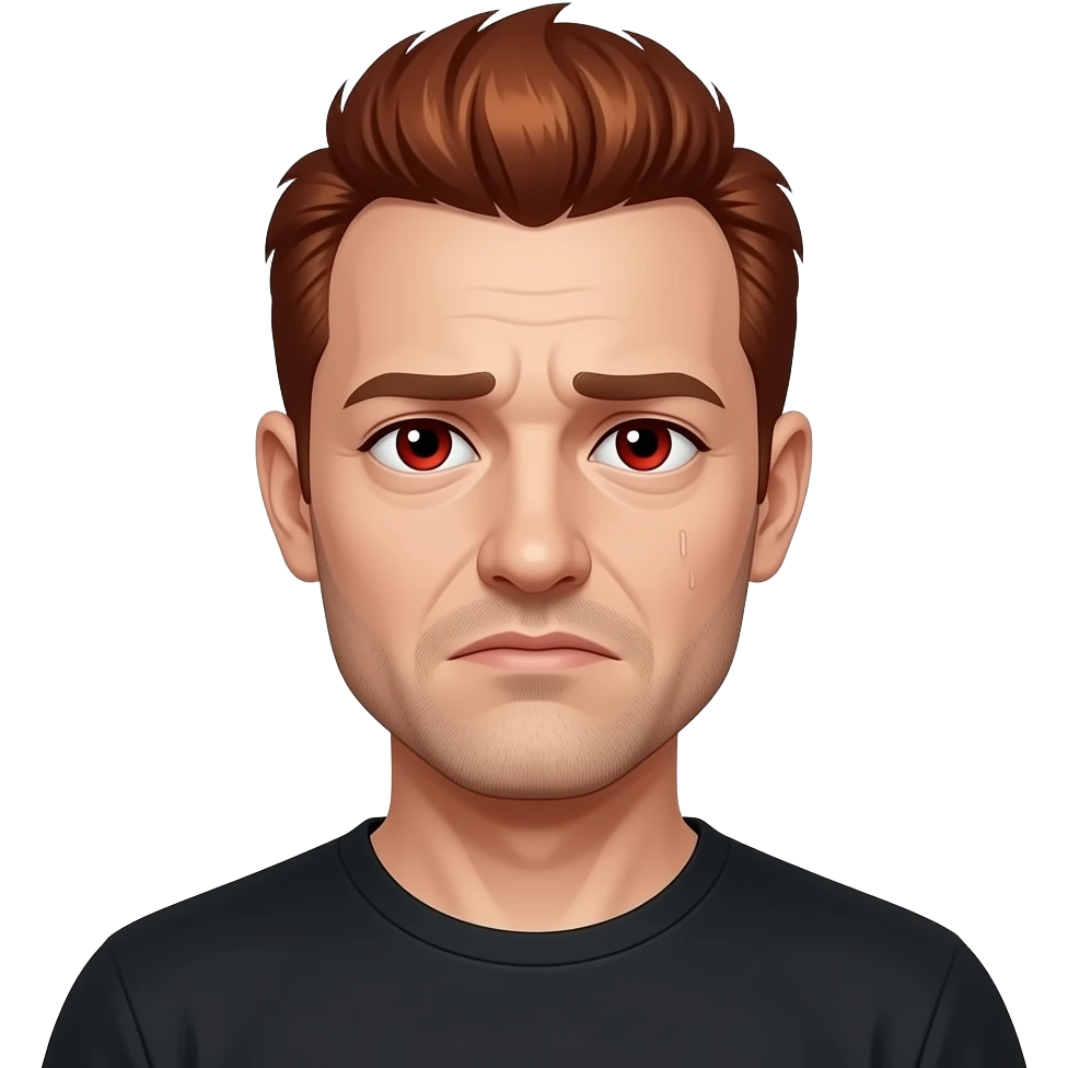 A man with red mullet hair, red eyes, and slight dark circles under his eyes, wearing a black t-shirt, has a slightly sad expression. emoji