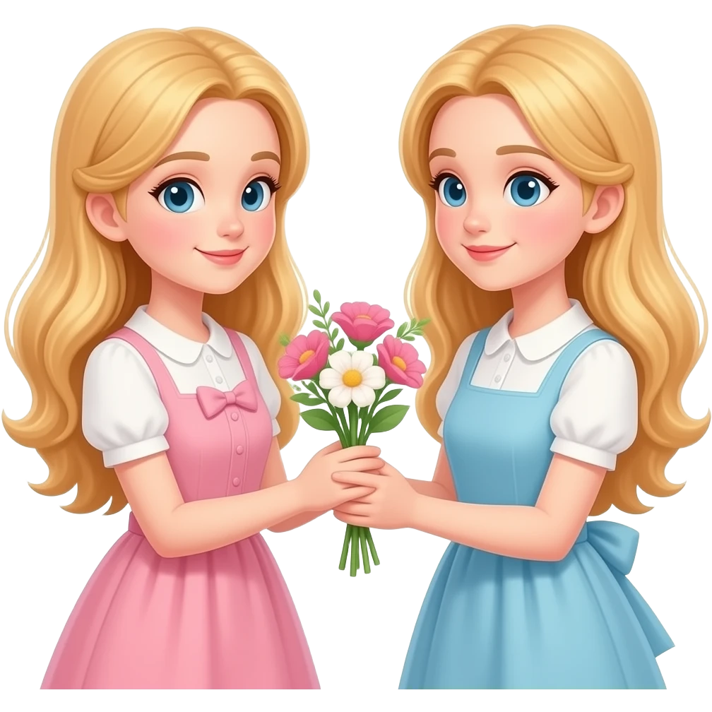 Litlle fair haired girl giving little girlfriend flowers both with long hair and dresses emoji