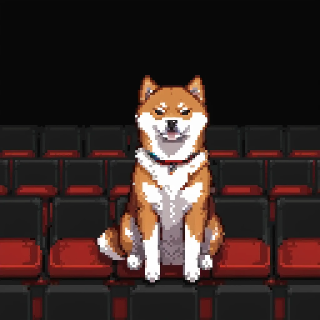 Shiba Inu sitting in a movie theater with red seats in the background, variation 3 emoji
