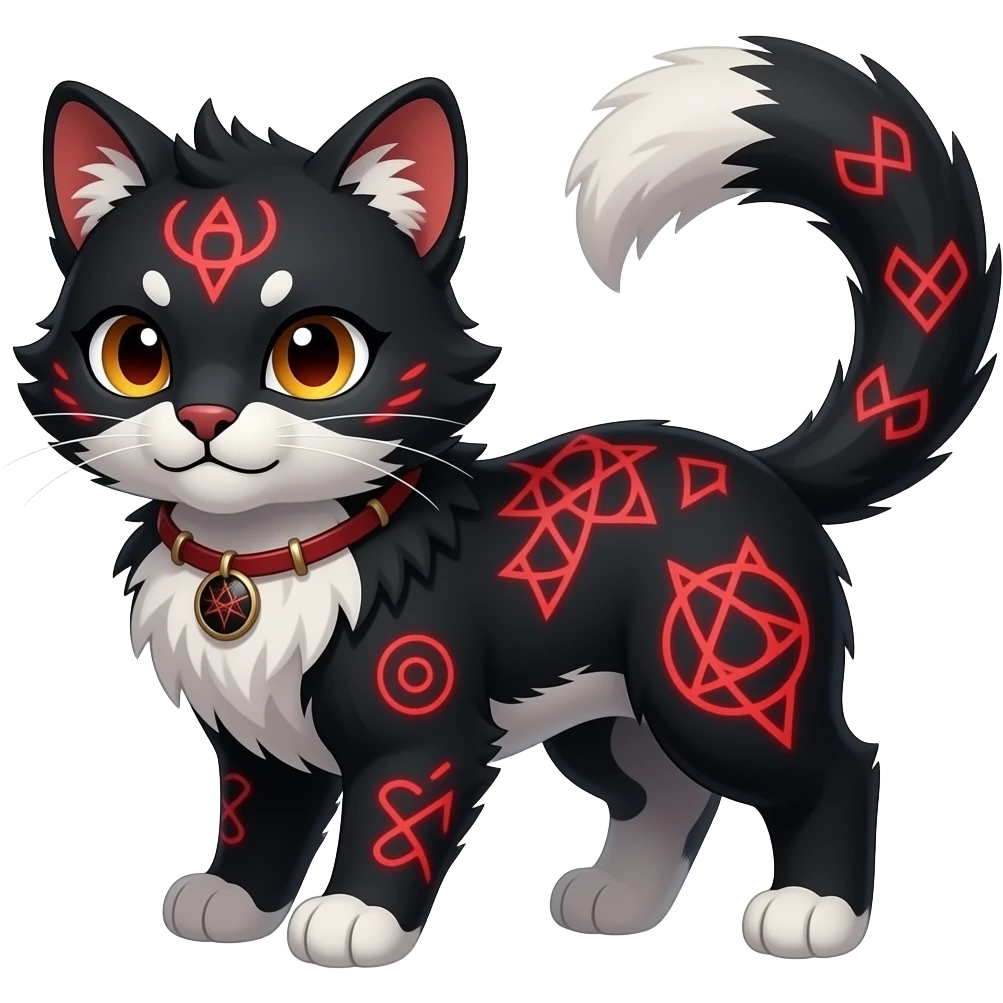 Cute accessorized kawaii cool edgy badass dark obsidian-black fur with crimson glowing runic markings fantasy-caracal-civet-genet-sergal-vernid-Gryphon-Cacomistle-Trico-oncilla-animal-Fakémon-hybrid-fursona (full body), facial markings, (realism style) emoji