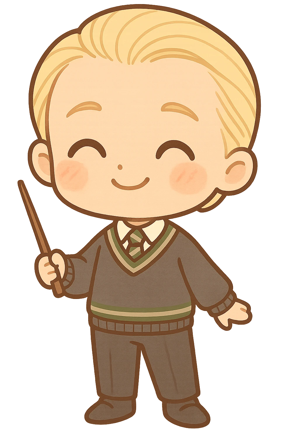 Chibi kawaii Draco Malfoy with exaggerated proportions (big head, small body), clean lines and dark brown thin outline, happy expression with closed arched eyes, subtle smile, rosy cheeks. Classic Slytherin uniform: dark gray sweater with green and silver stripes, white shirt, green/silver striped tie, dark dress pants, black socks and shoes. Holding wand. Light blonde, straight hair combed back. Warm, earthy, pastel palette, light cel shading, neutral or transparent background. emoji