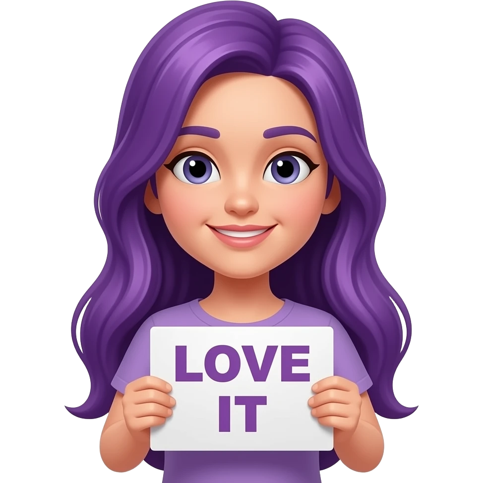 girl with long purple hair with a LOVE IT sign emoji