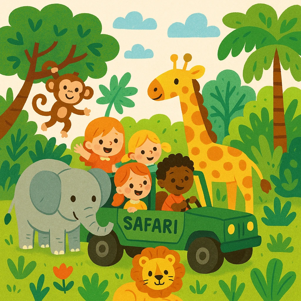 hand drawn digital illustration of jungle safari in the style of children's illustration emoji