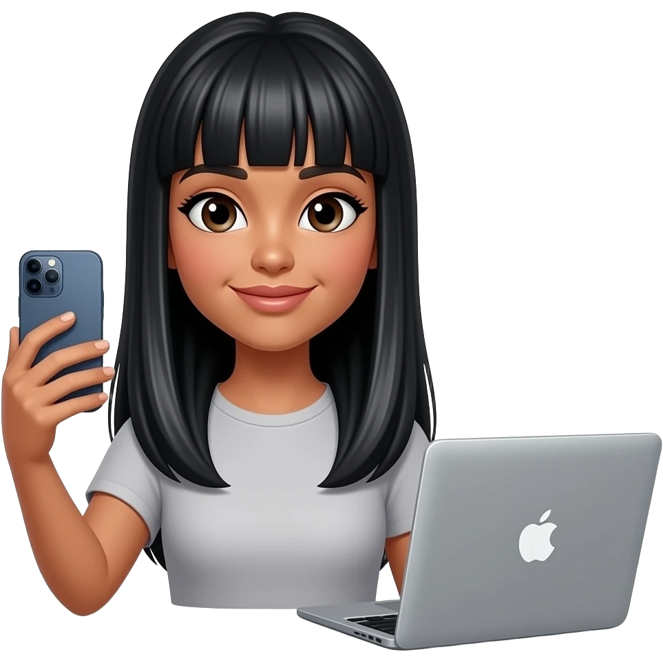 Mujer con cabello largo negro lacio con bangs de piel normal, ni muy morena, ni blanca grabandose con su iphone a ella misma y una mackbook a su lado emoji