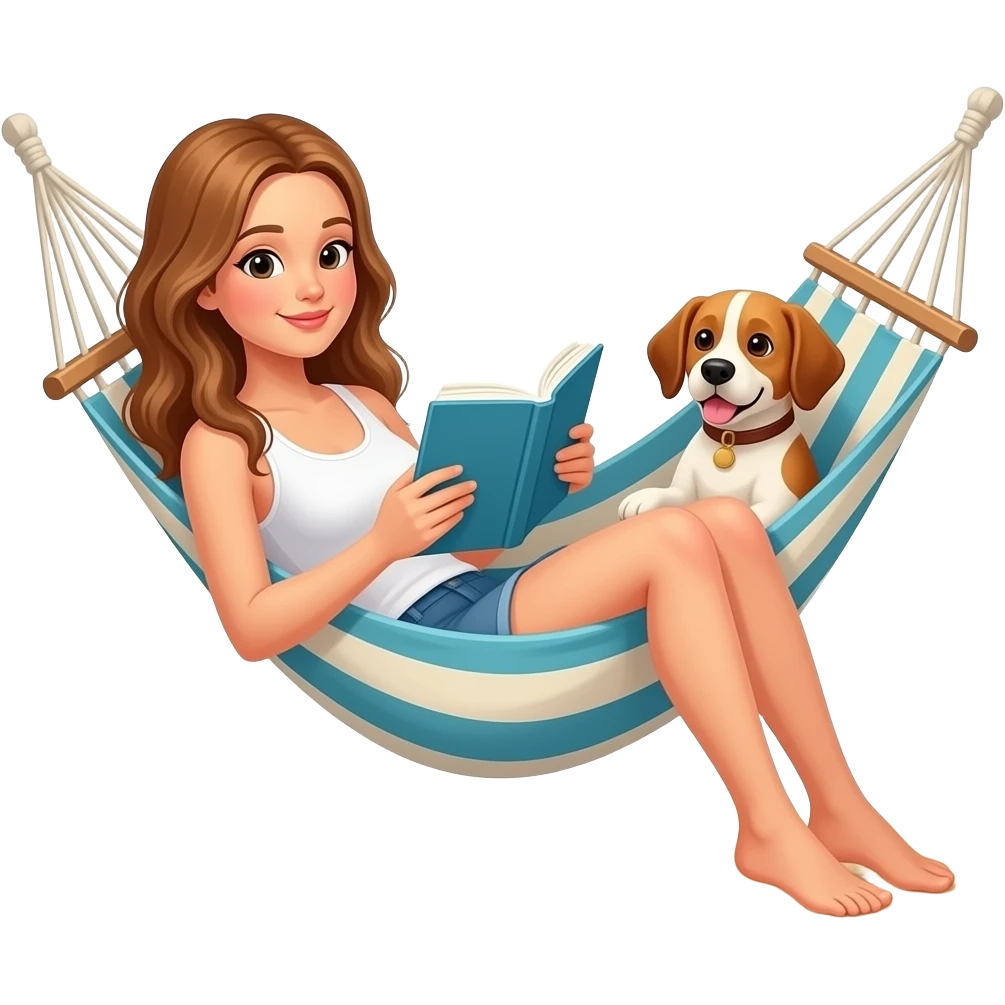 adult female with long light brown hair in hammock reading a book by a beach with a dog in the hammock emoji