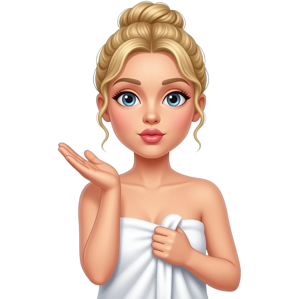 A blonde women wrapped in a towel. Her hair is twisted up in a bun. She is holding the towel up with one hand and blowing a kiss with another. Is is wet emoji