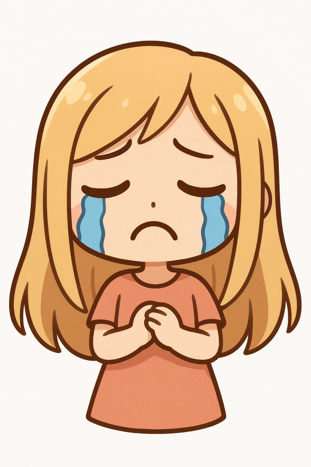 cartoon girl with long blonde hair, sad expression, crying with blue cartoon tears, frowning, plain white background emoji