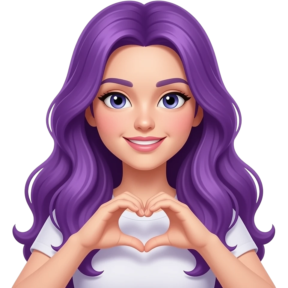 sexy girl with long purple hair makes a heart sign with her hands emoji