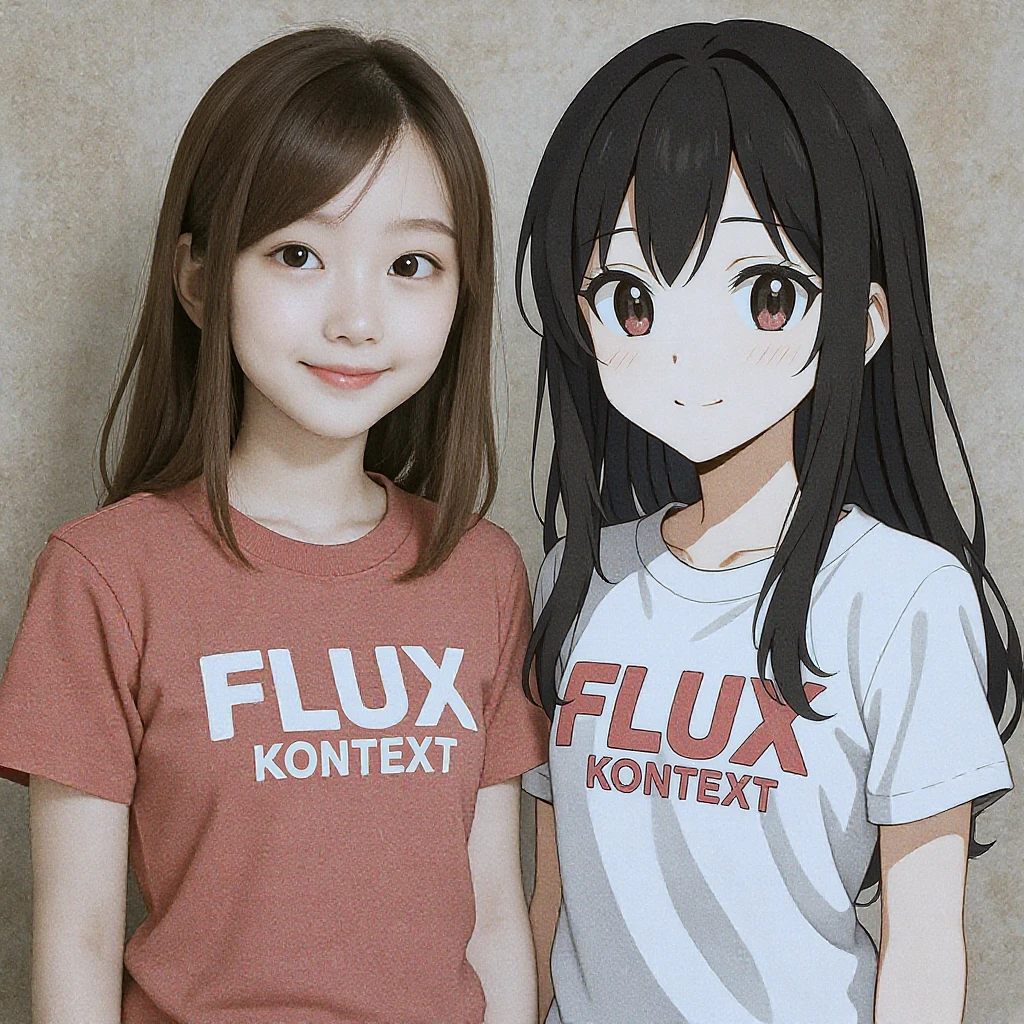 make a image of a girl with a anime version of that girl beside her wearing tshirt with text of FLUX Kontext emoji