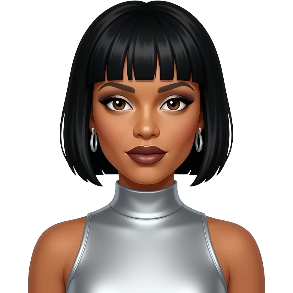 Kelly Rowland from Destiny's Child with dark brown eyes, black eton crop hairdo, silver eyeshadow, dark brown lipstick, silver high neck dress, silver earrings emoji