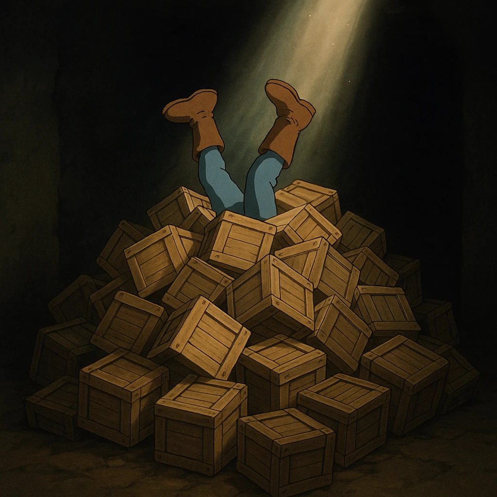 A pile of small oblong crates hidden in a dark area with a beam of light shining from above, with someone’s boots sticking out like they dove in emoji