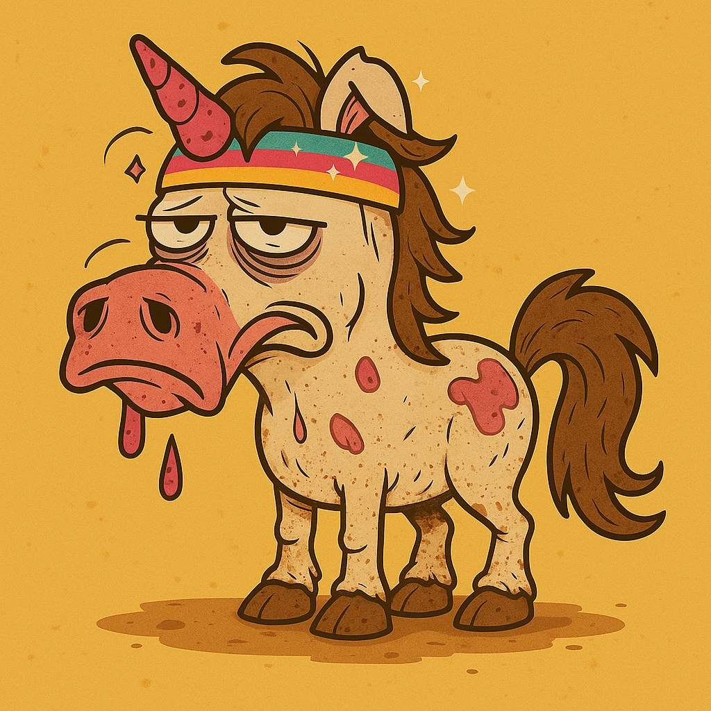 Add sparkles to the bright unicorn headband. Keep the cartoon style. The unicorn remains dirty, crumpled, with bags under its eyes and a drooping horn. emoji
