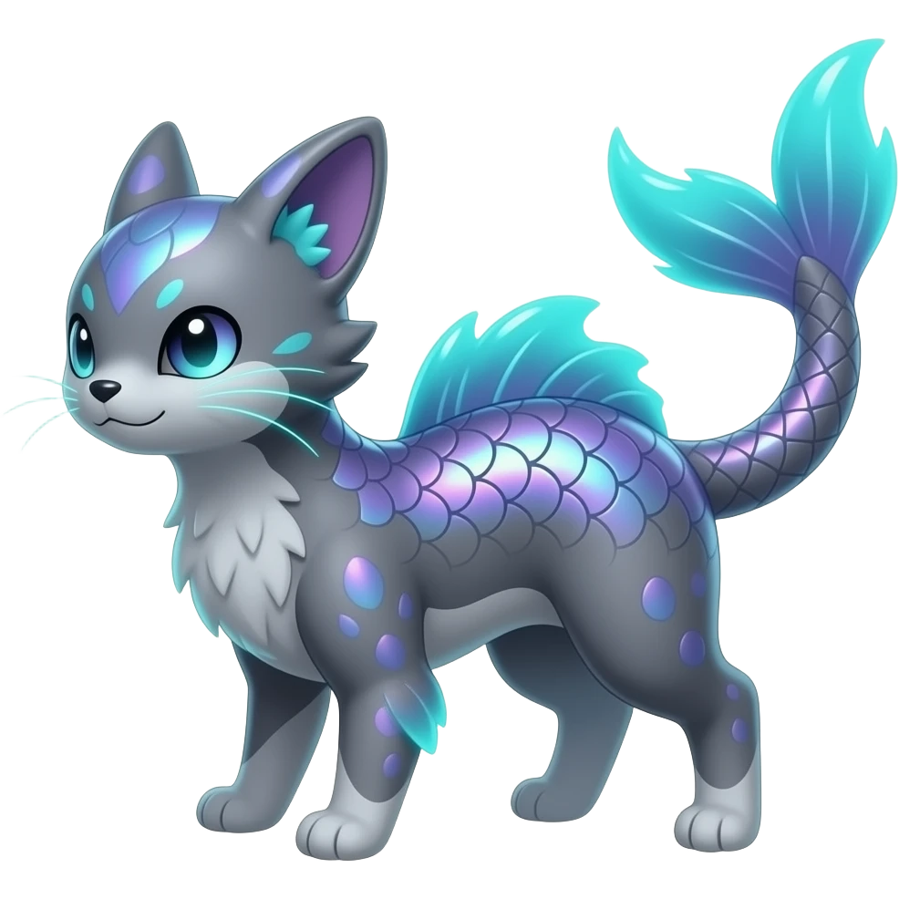 Realistic iridescent-scaled slim smooth shiny glossy elegant bioluminescent dull, furry oil-dark greyish, purplish, neon-cyan-accented, back-finned, abyss-fantasy-Zorua-Vaporeon-Umbreon-Lykoi-Civet-Fakémon-fusion, with thin neon-glowing bulb-whiskers, koi-piebald-flecked full body emoji